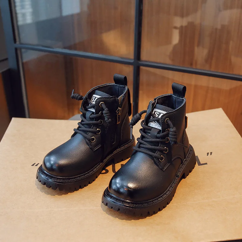 

New Kids Black Short Boots Boy Ankle Boots Autumn Winter Leather Children Fashion Non-slip British Style Toddler Girl Snow Shoes
