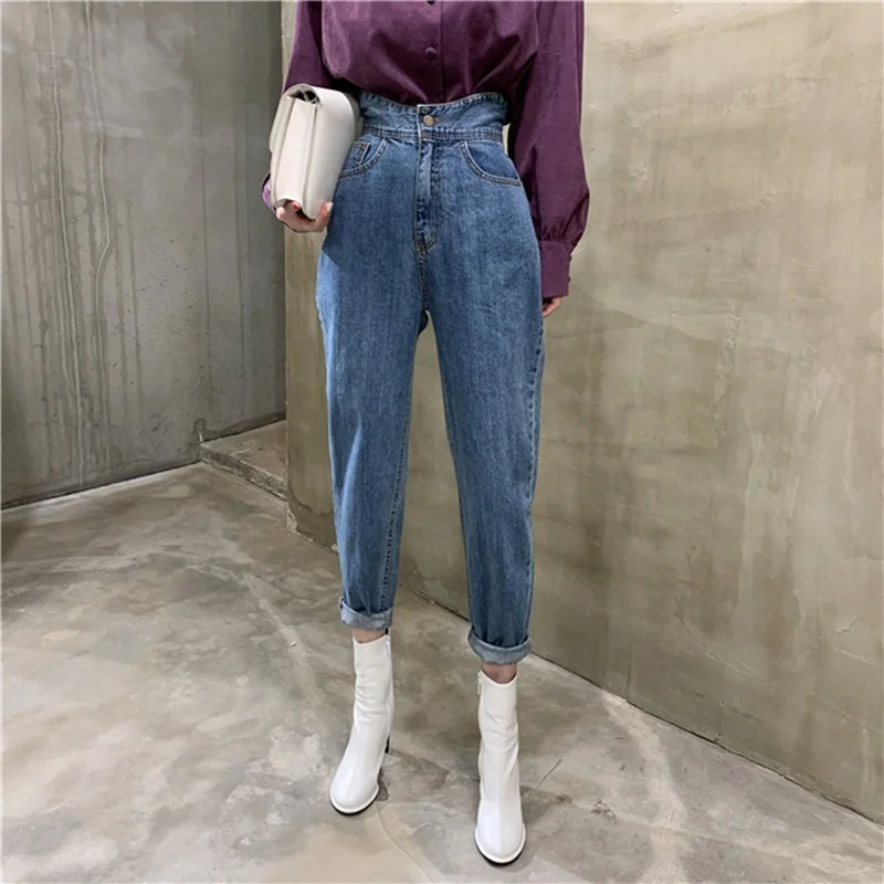 Women's High Waist Jeans Loose Straight Denim Pants Female Pockets Button Chic Trousers Pants 2023 New Vintage Blue Streetwear