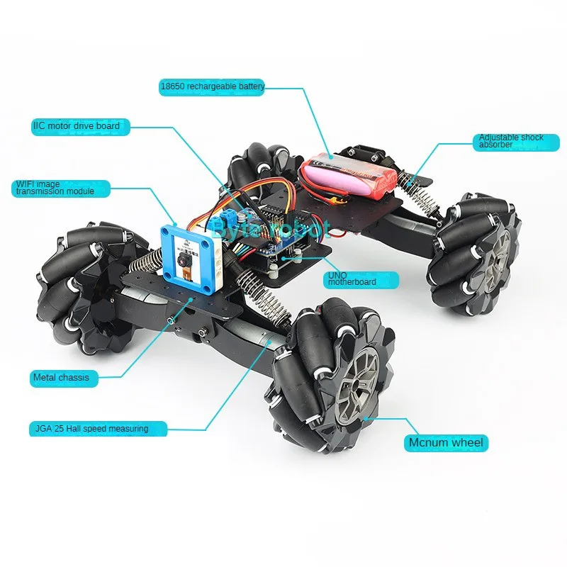 충격 흡수 전방향 모바일 자동차 조정 가능한 4WD 메카넘 휠 섀시, 아두이노 로봇 DIY 키트, RC 서스펜션 휠