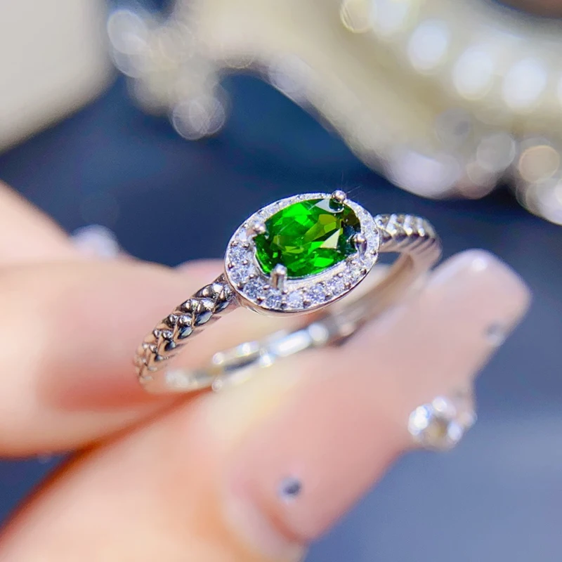 

Natural diopside ring fresh and simple 925 Sterling Silver Emerald Color beautiful women's gift special design