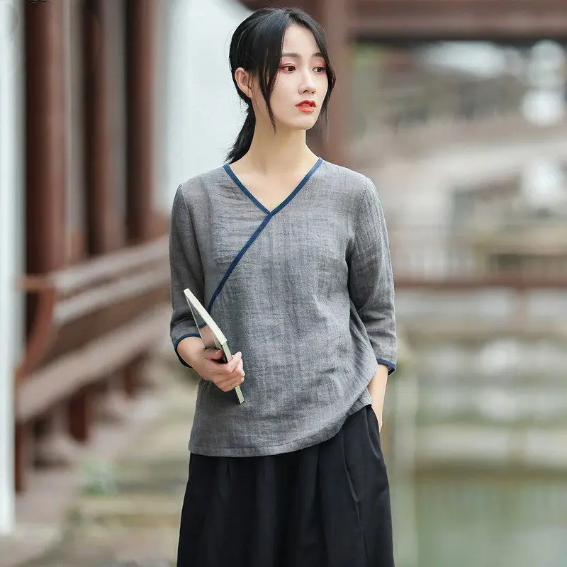 

2024 chinese cotton linen tang suit women summer improved chinese style daily cheongsam blouse improved chinese blouse top