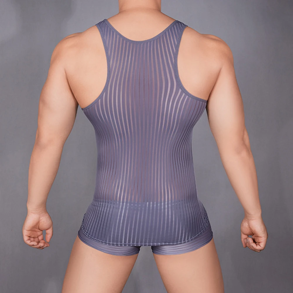 

Sexy Men Vertical Striped Stretchy Vest Sheer Mesh See Through Top Underwear Posing Muscle Fitness Tank Top Comfortable Lingerie