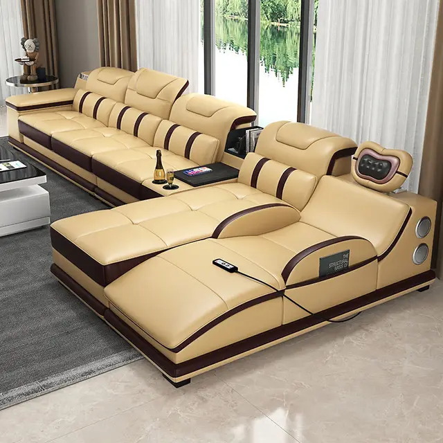 MANBAS Italian Genuine Leather Sectional Sofa with Bluetooth, Speaker, Functional Headrest, Massage Chaise L Shape Corner Sofas