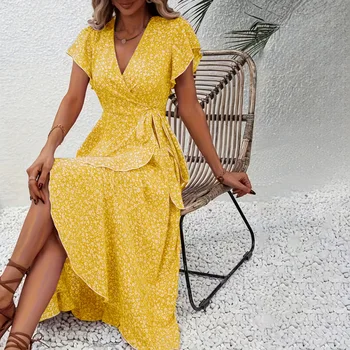 Women's Summer Flower Print Ruffle Dress Fashion 2025 Elegant Short Sleeve Wrap V Neck Tie Side Dresses 1