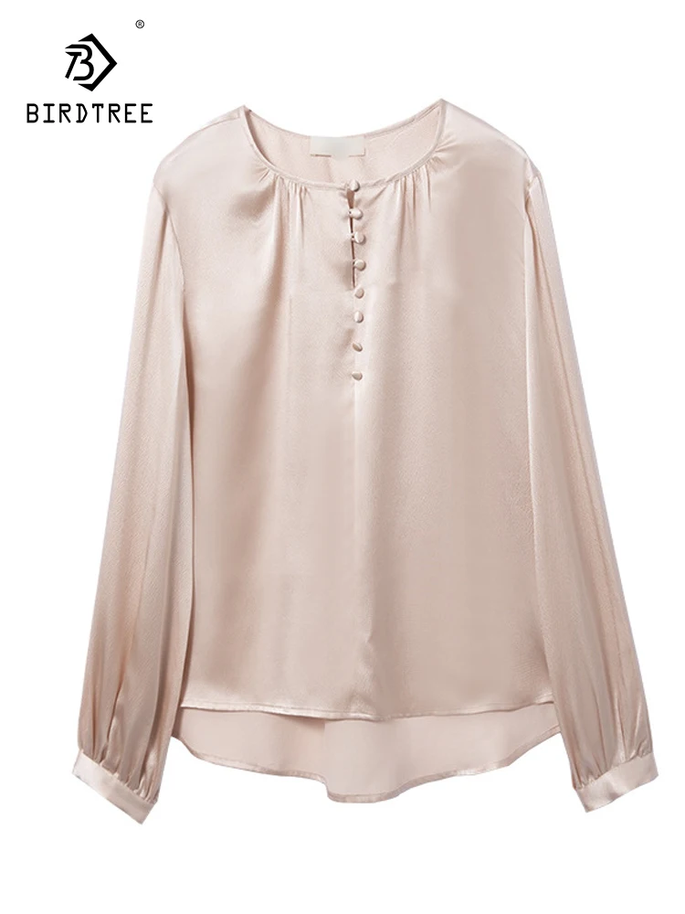 

Birdtree 100%Mulberry Silk Solid Shirt French Lantern Sleeve O Ncek Versatile Top 2023 Autumn Winter Office Lady Blouse T38801QC