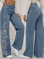 plus Size Women's Loose Straight Leg Jeans Elegant Side White Flower Draw Washed High Waist plus Size Women's Denim Jeans - Image 6
