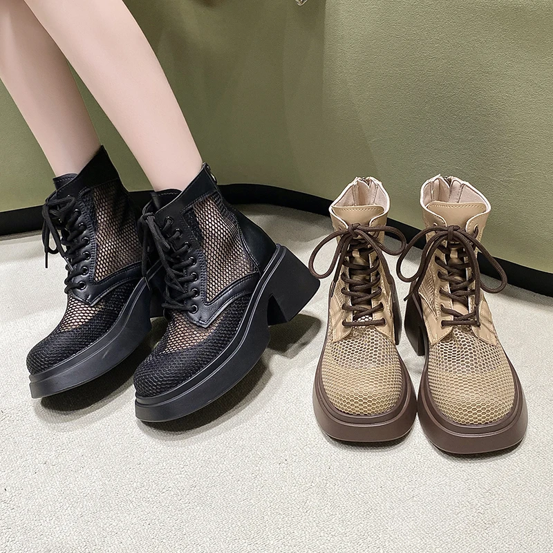 Aphixta 7cm Square Heel Breathable Mesh Ankle Boots Women Platform Lace Up Zip Close Summer Boots Platform Shoes Woman Boats