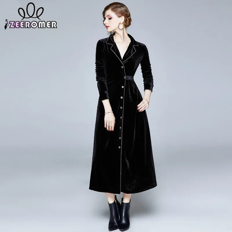 

2022 Autumn Winter Vintage Black Velvet Dress High Quality Women Notched Long-sleeved Single-Breasted A-Line Party Long Dress