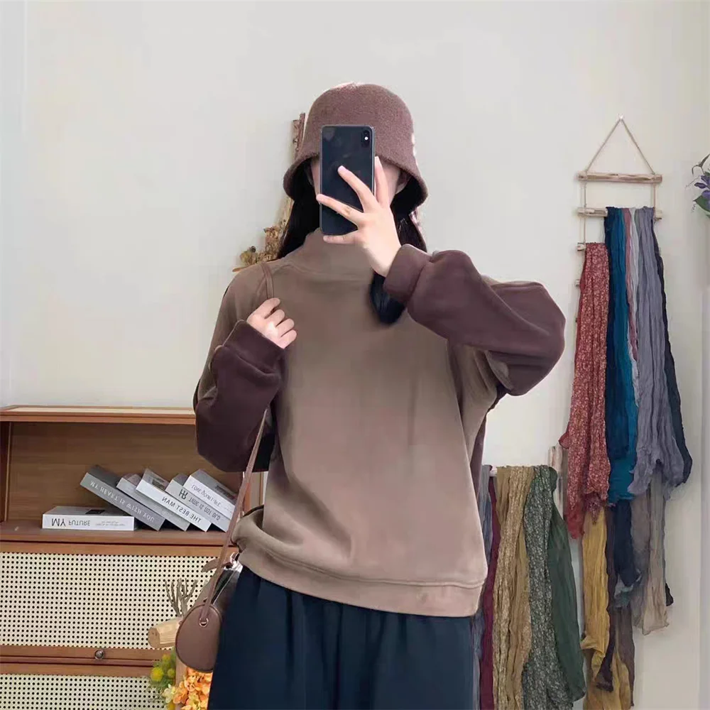 Korean Version of Artistic and Casual Retro Style Thickened Half High Collar Double-sided Color Patchwork Raglan Sleeves Hoodie