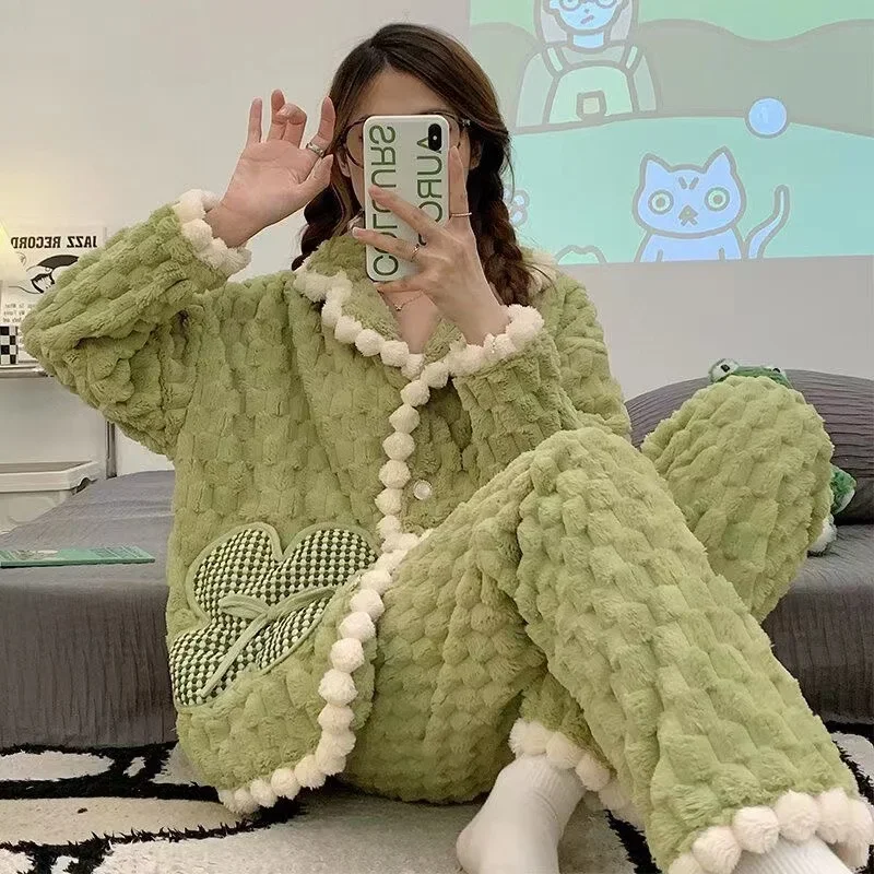 

Winter Warm Flannel Women Pyjamas Sets Thick Warm Sleepwear Green Pajamas 2 Piece /Set Ladies Lounge Sleep Wear Female