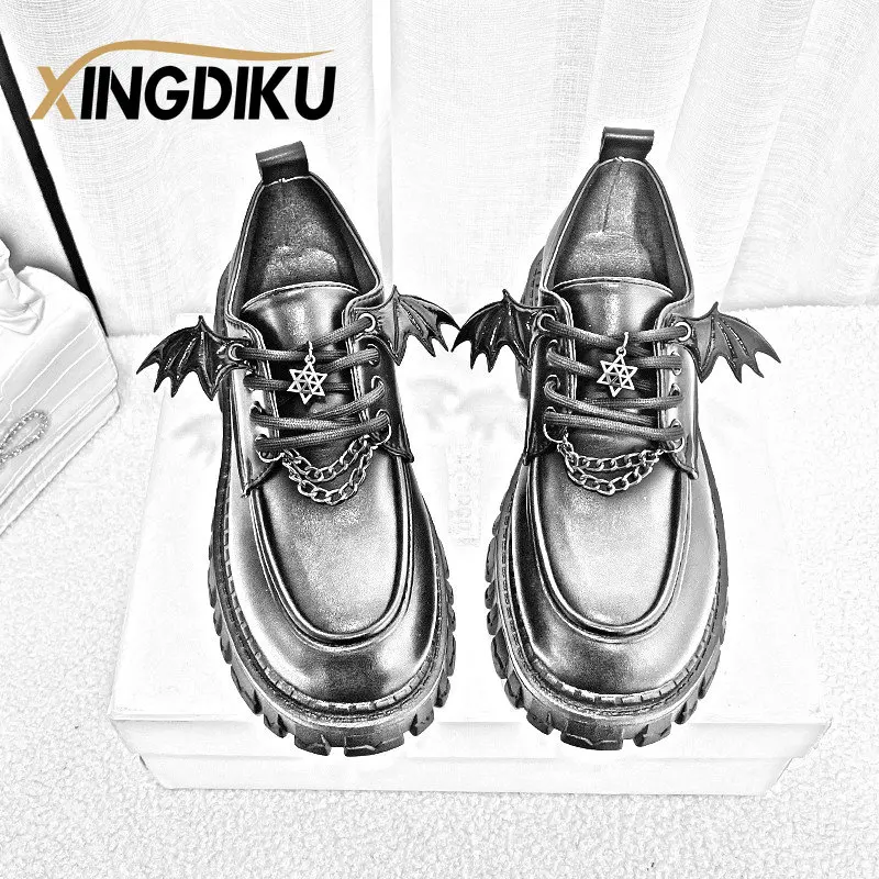 Women Single Shoes Punk Wind Autumn Devil Bat Wings Gothic Thick Bottom Waterproof Platform Metal Chain