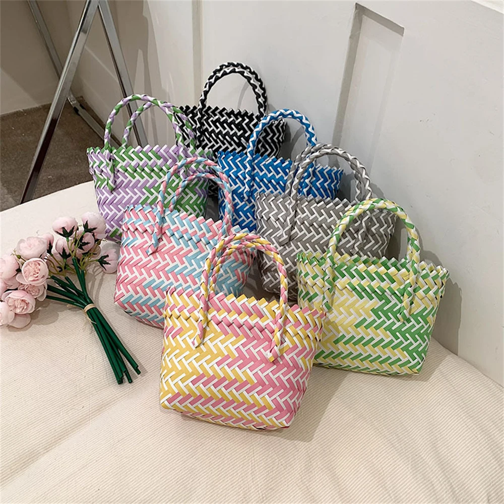 

Summer Trend Hand Woven Handbag Square Little Basket 2024 New Straw Cute Colorful Bags Hundred Collision Color Holiday Beach Bag