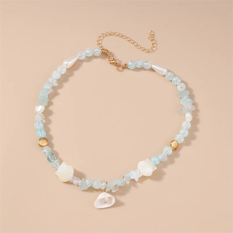 Y2K Unregelmäßige Türkis Stein Perlen Halskette für Frauen Handgemachte Böhmische Shell Schlüsselbein Kette Strand Party Charme Schmuck – Detail 4