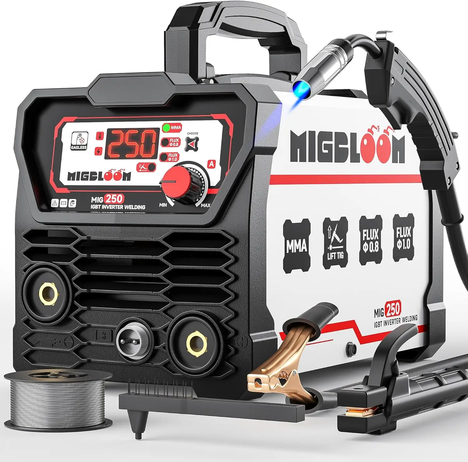 250A Gasless MIG Welder, 110V 3-in-1 Machine with Synergy Control and LCD Display for Easy Welding