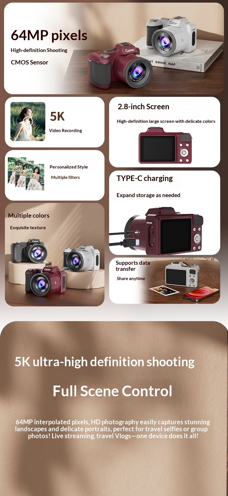 Camer 5K HD DSLR Digital Camera 64MP CCD With 16X Optical Zoom Lens AF Auto Focus Portable Video Recorder For Students Beginners