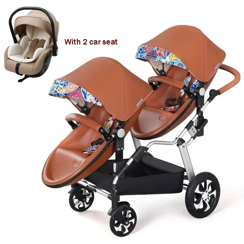 Twins baby stroller 3in1 PU leather double stroller baby carriage for 2 kids