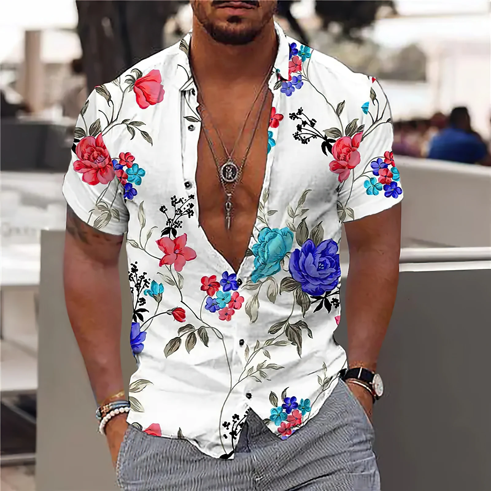 

2024 Гавайская Повседневная рубашка с 3D принтом, Мужская Летняя Пляжная футболка с коротким рукавом и цветочным принтом, праздничная футболка, Одежда большого размера