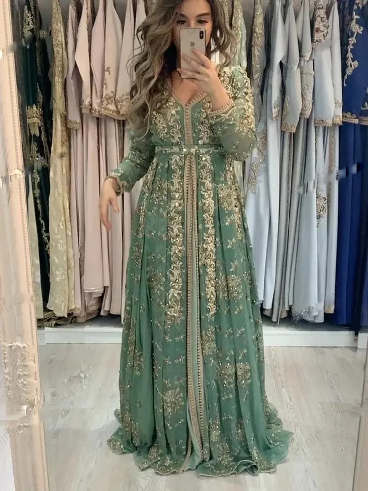 Elegant Moroccan Kaftan Formal Wedding Guest Evening Prom Dresses Gold Lace Appliques Beaded A Line Arabic Muslim