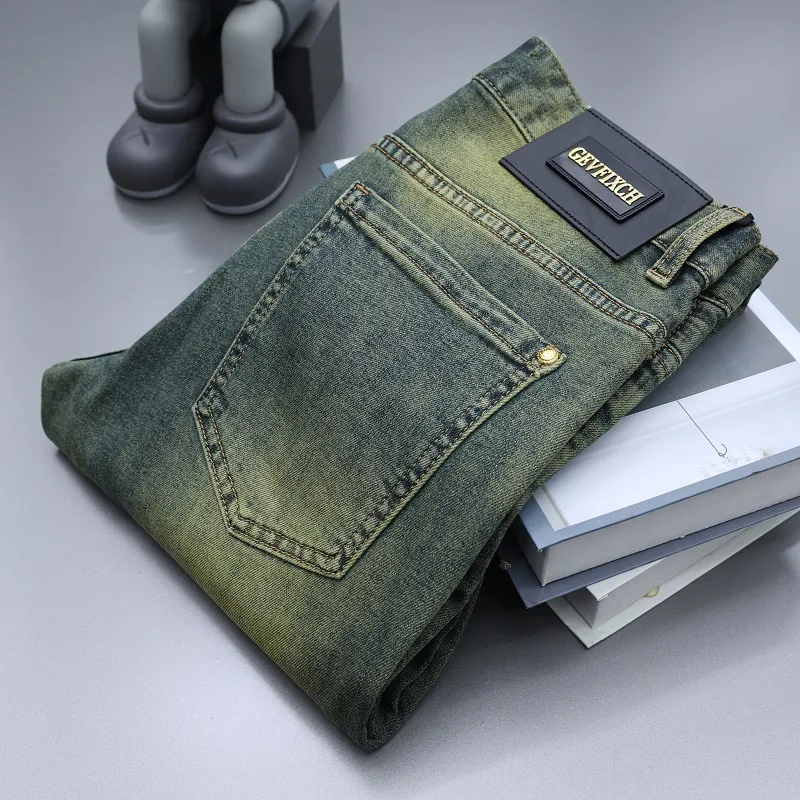 Newly Fashion Designer Men Jeans Retro Green Blue Slim Fit Ripped Jeans Men Trousers Vintage Casual Cotton Denim Pants Hombre