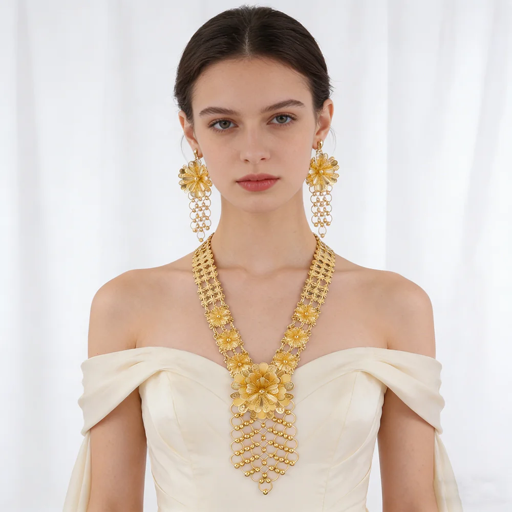 24K Gold Color Long Chain Necklace Earrings Set New Indian Nigerian Bridal Wedding Ethiopian Luxury Party Jewelry Wholesale Gift - 5