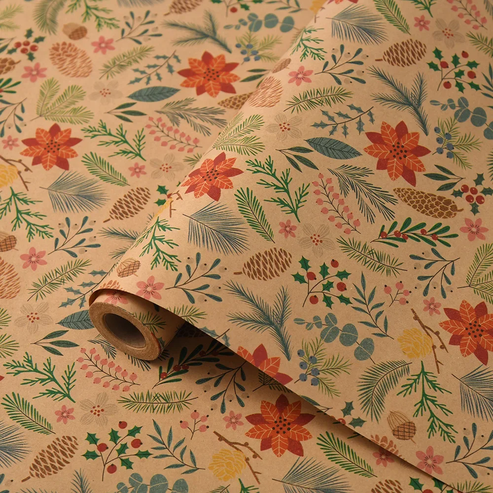 Christmas Gift Wrapping Paper, Dreamy Flower and Leaf Patterns, Vintage Kraft Paper Gift Paper, Pine Cone, Tree, Reindeer Design