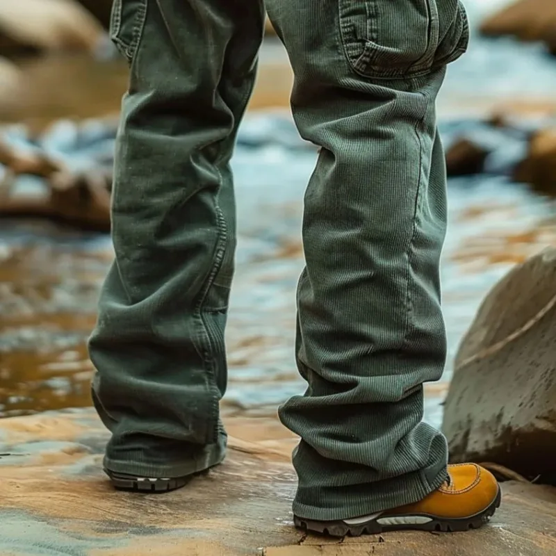Corduroy Casual 2024 Autumn Retro Loose Tooling Pockets Elastic Windproof Design Trousers Cargo Pants Men 6
