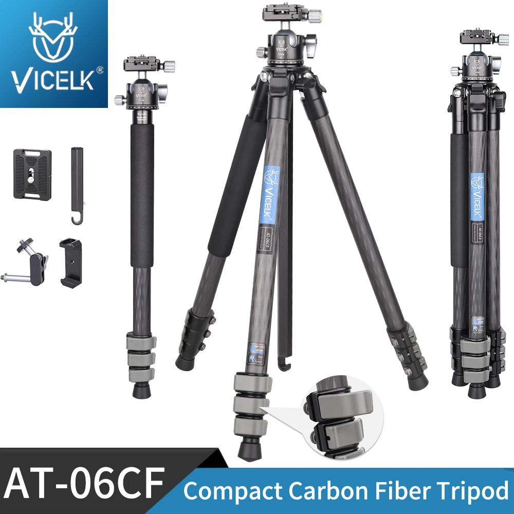 

VICELK AT-06CF Compact Carbon Fiber Tripod with Low Profile Ball Head Flip Lock Travel Camera Stand Monopod for DSLR Load 15kg