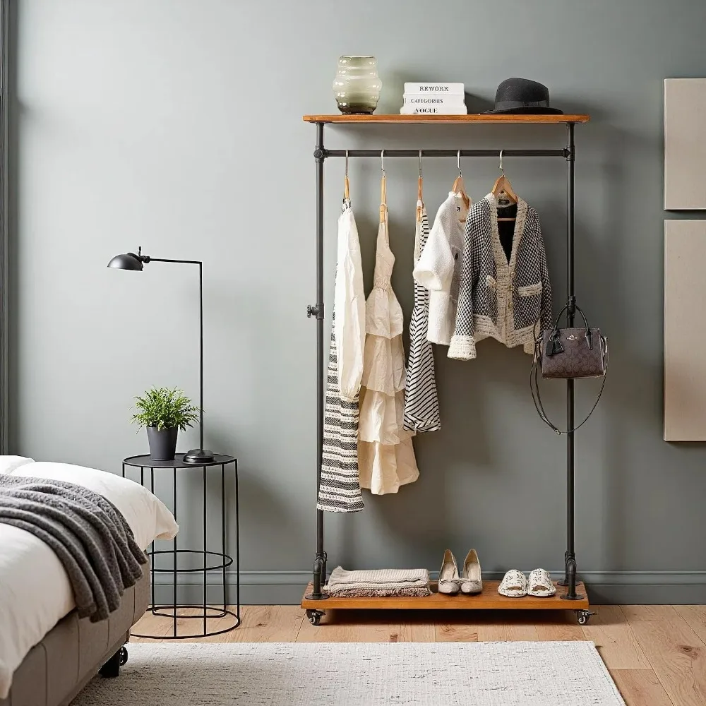 Sturdy Industrial Style Clothing Rack with Lockable Wheels, Storage Shelves, and Shoe Rack for Heavy Duty Use