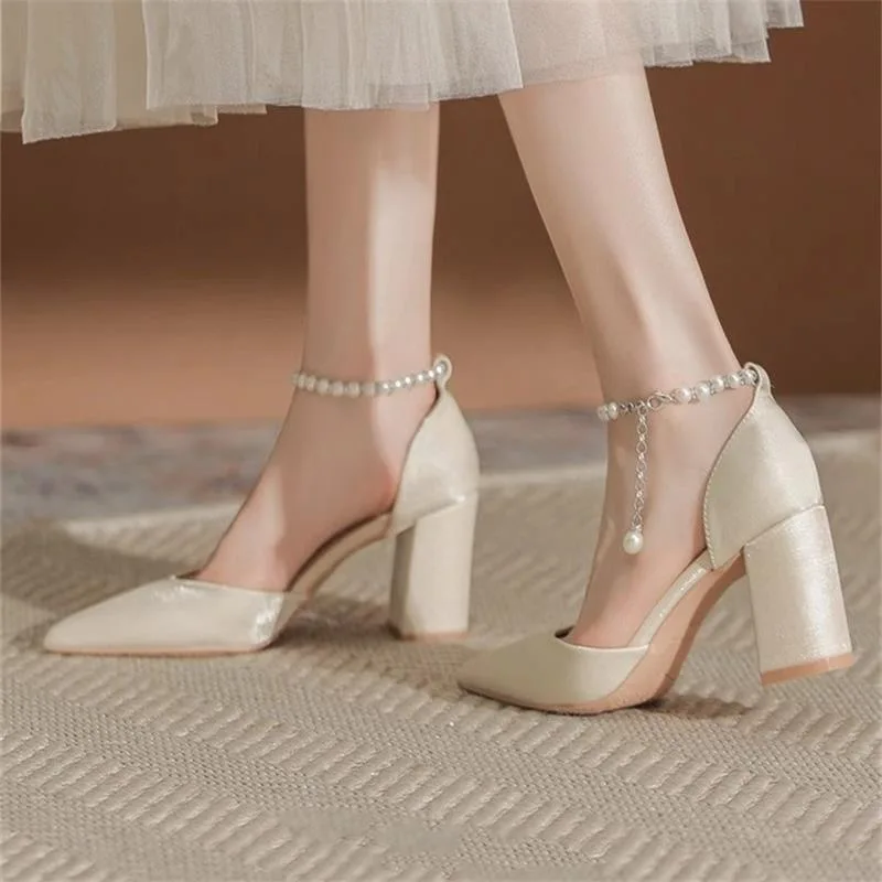 Elegant Pearl-Embellished Satin Heels - 5cm Chunky Low Heel Bridal Shoes with Adjustable Ankle Strap 2026