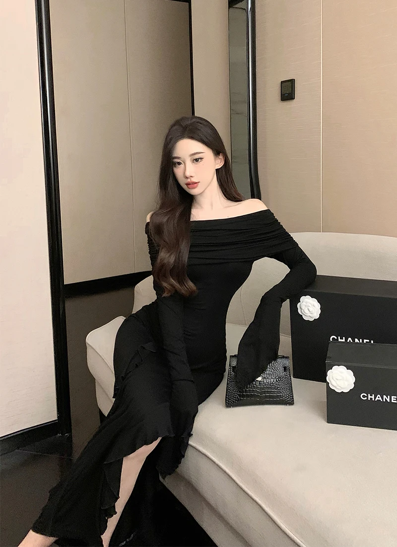 Sexy Bodycon Evening Dresses for Women Long Sleeves Slash Neck Ruffles High Slit Slim Korean Fashion One Piece Vestidos Mujer