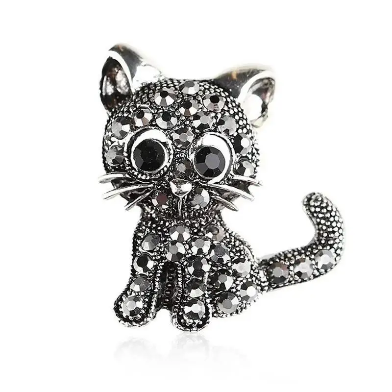 Retro Kitten Brooch Antique Silver Fashion Women's Collar Accessories Creative Cute Animal Studded Diamond Chest Flower Collar
