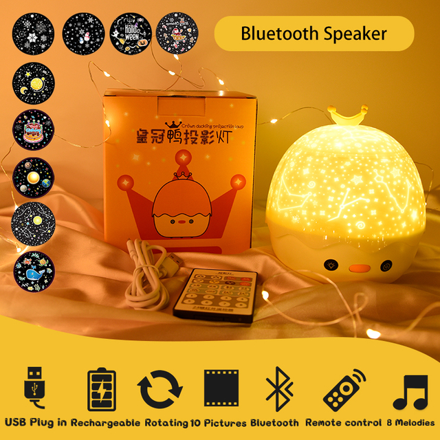 Duck Rotating Starry Sky Projector Lamp Children Night Light Baby Gift Rechargeable Music Bluetooth Speaker Bedroom Decor