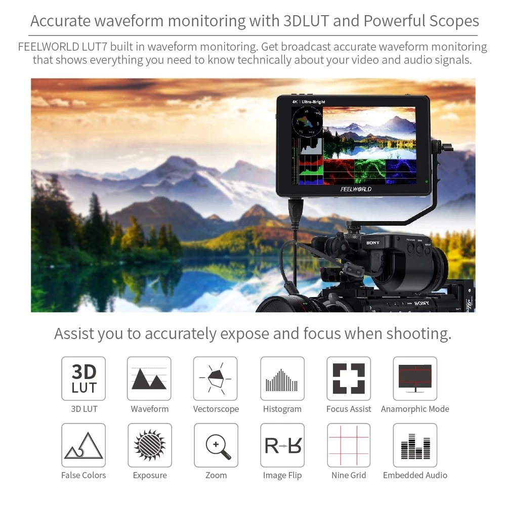 Фото 7-дюймовый Ультраяркий сенсорный экран FEELWORLD LUT7 2200nits для цифровой зеркальной камеры, полевой монитор 3D LUT 1920X120 0 IPS HDR Wavefo №2