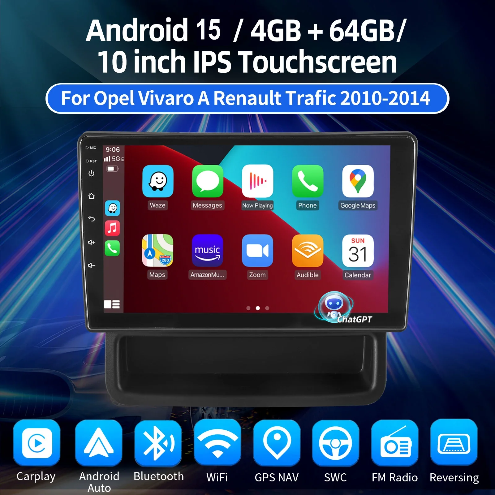 Autoradio ESSGOO Android 15 10 Zoll 32G/64G für Opel Vivaro und Renault Trafic 2 MK2 Drahtloses CarPlay Android Auto GPS Navigation FM Bluetooth RDS Lenkradsteuerung Mirror Link IPS Touchscreen Head-Unit – Detail 2