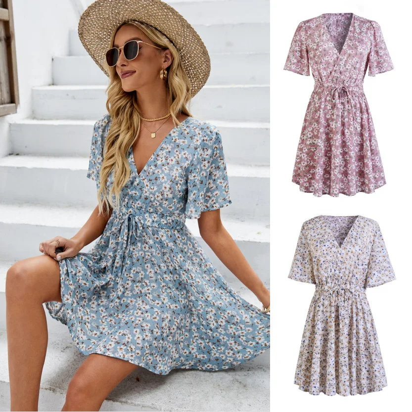 

Printed Dress Women Short Sleeve Drawstring Flower Casual V-Neck Sundress Elegant Summer Dresses Sexy Mini Club Ladies Clothing
