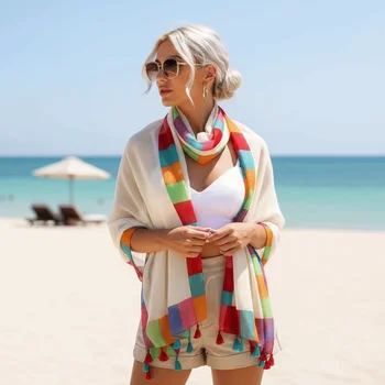 Sciarpa in Pashmina con Frange e Bordo Arcobaleno, in Lino, Color Block, Leggera, da Spiaggia, con Nappe, Traspirante, Protezione Solare, Sarong Donna