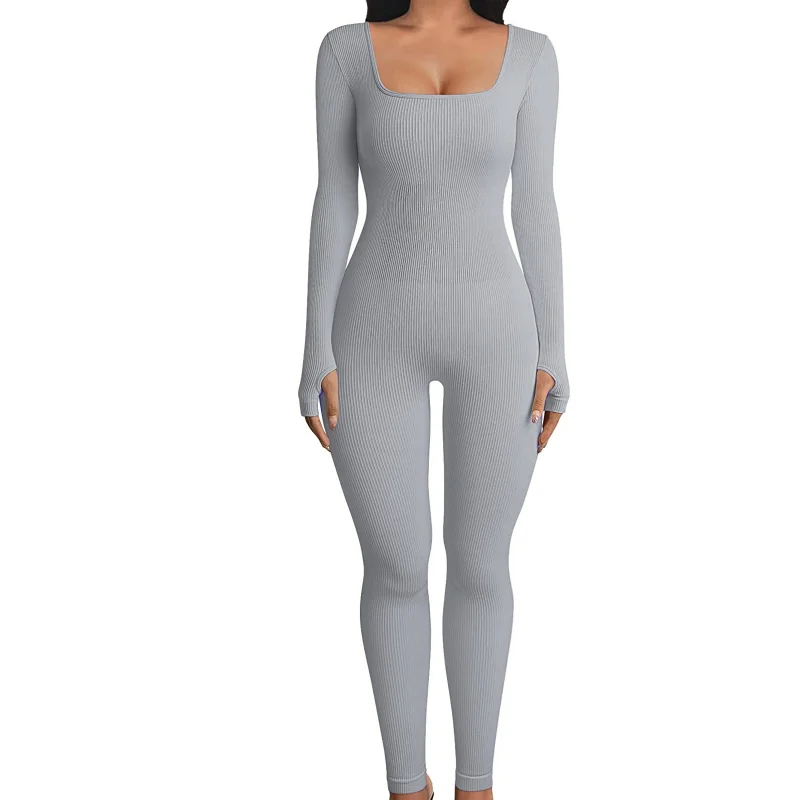 Jumpsuits for Women Black Sexy Tight One Piece Bodycon Rompers Ribbed Square Long Sleeve Overalls Fitness Yoga Jumper Mujer H212