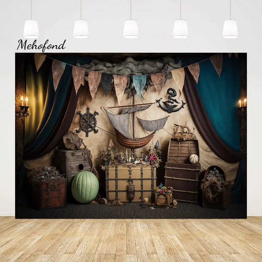 Mehofond Retro Pirate Ship Baby Birthday Photography Backdrop Photocall Treasure Curtain Party Decor Background Photo Studio
