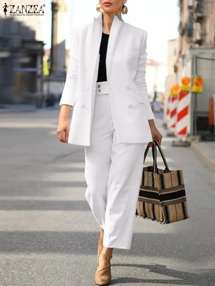 

2024 элегантный праздничный наряд ZANZEA, женские модные однотонные подходящие комплекты, Женский однотонный Блейзер, брюки с широкими штанинами, винтажный костюм