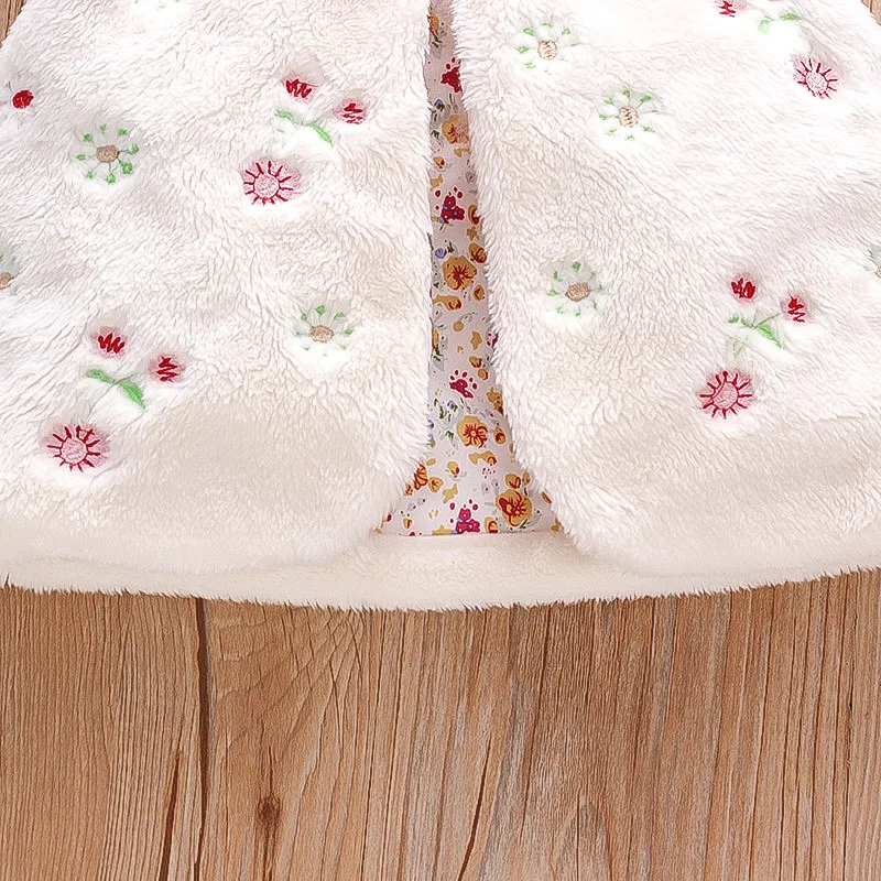 여아 모피 조끼, 달콤한 꽃 자수, 민소매, 따뜻한 패션 코트, 0-3 세 여성 착용 상의, 가을 및 겨울