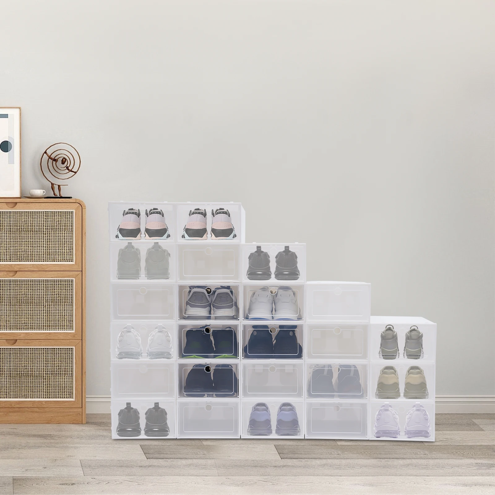 24PCS Shoe Box, Storage Box, Plastic Organizer, Stackable, Durable PP ABS, White, 33x23x14cm, for Shoes, Books, Magazines, Cosmetics, Living Room, Bedroom