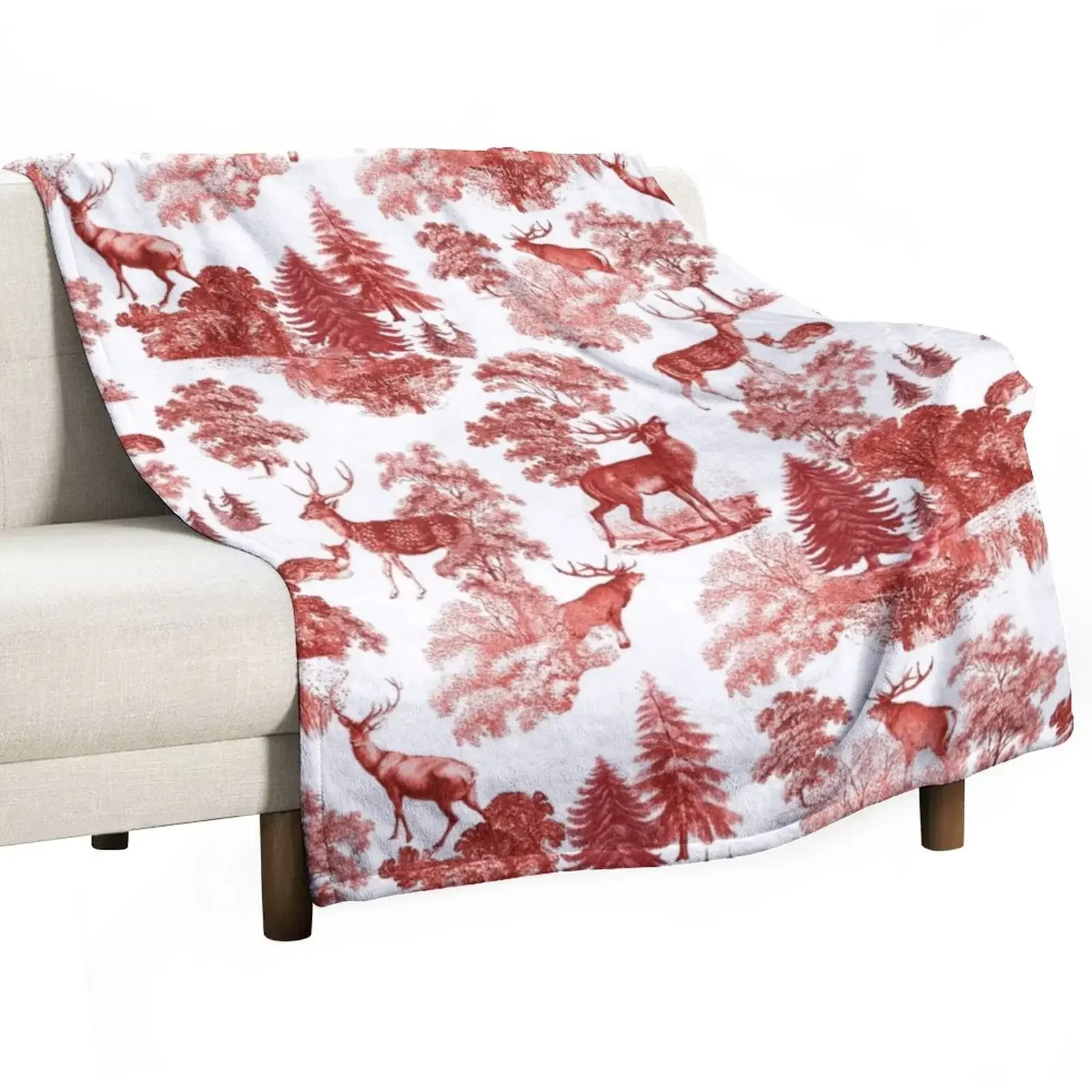 

Elegant Vintage Red Deer Country Toile Throw Blanket Hairy Loose Furry Sofas Blankets