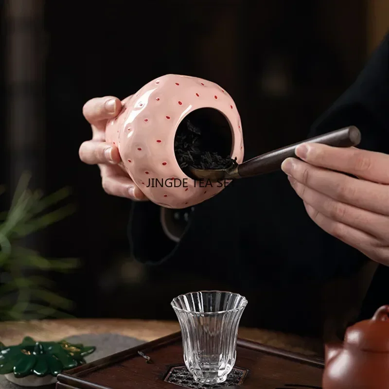 Chinese Ceramic Sealed Container Strawberry Shaped Storage Can Travel Coffee Candy Can Tea Set