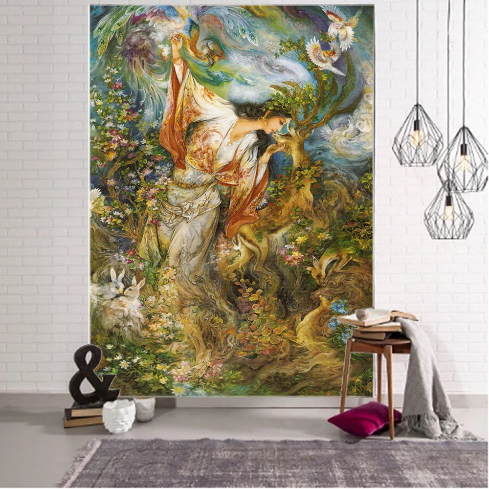 Hermosa ilustración de chica y Animal, decoración de fondo de arte, tapiz de pintura europea
