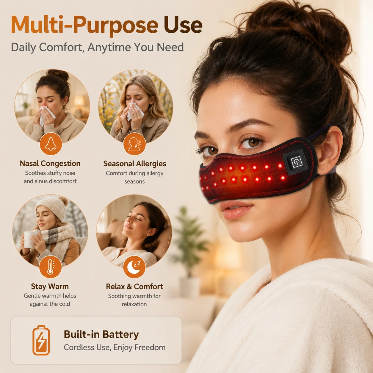 Red Light Heated Nose Wrap Rechargeable Nose Warmer 3 Heat Levels Adjustable Ear Loops Soft Plush Lining Cold Weather Comfort