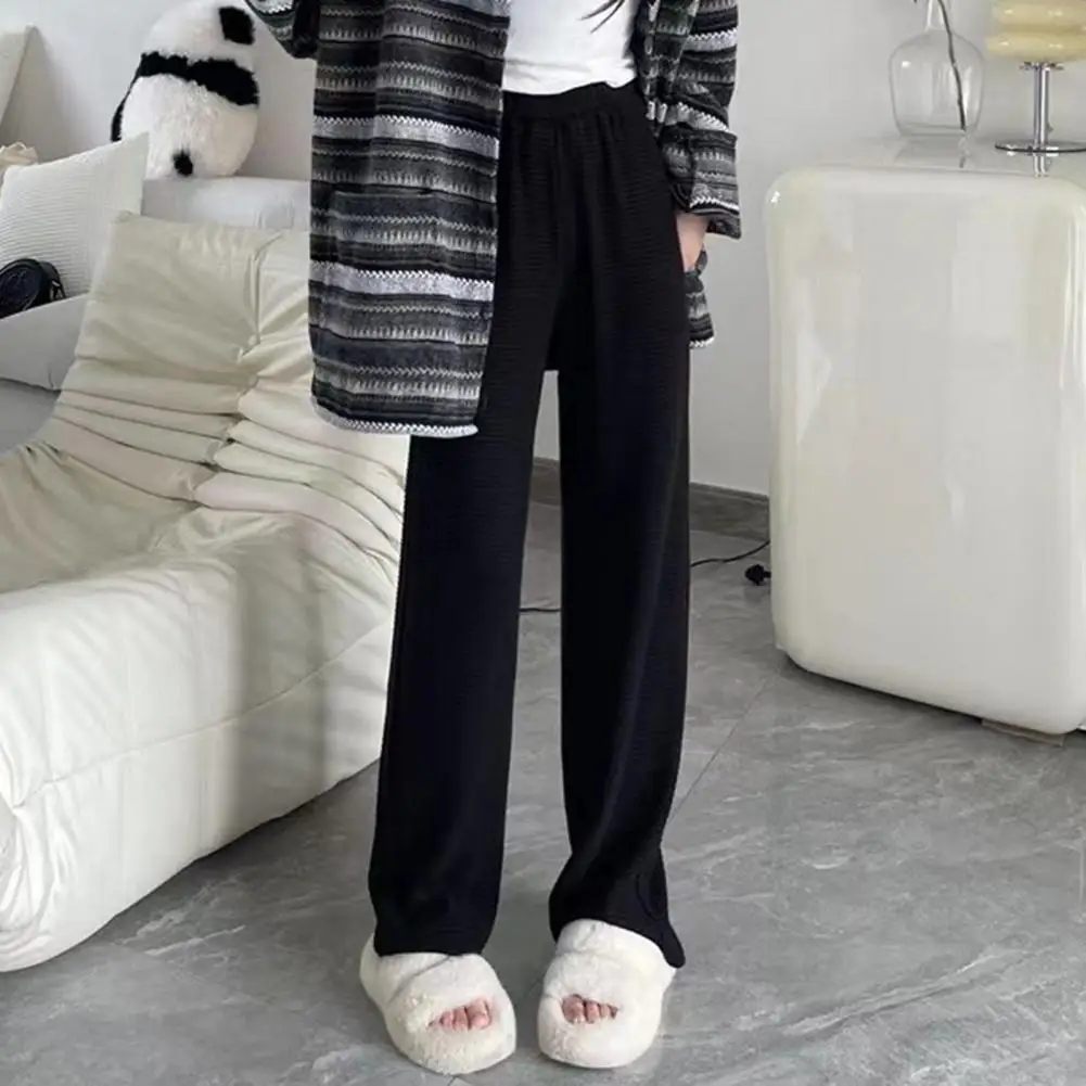 

Autumn Winter Women Solid Color Casual Long Pants Elastic High Waist Drawstring Straight Wide Leg Draped Woolen Trousers