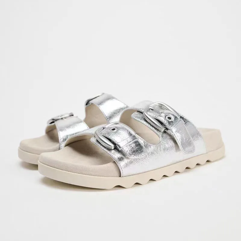 

TRAF Silvery Matte Flatform Slippers For Woman Chic Buckle Strap Upper Women Shoes Leisure Faux Deer Skin Anti Slip Sole Sandals
