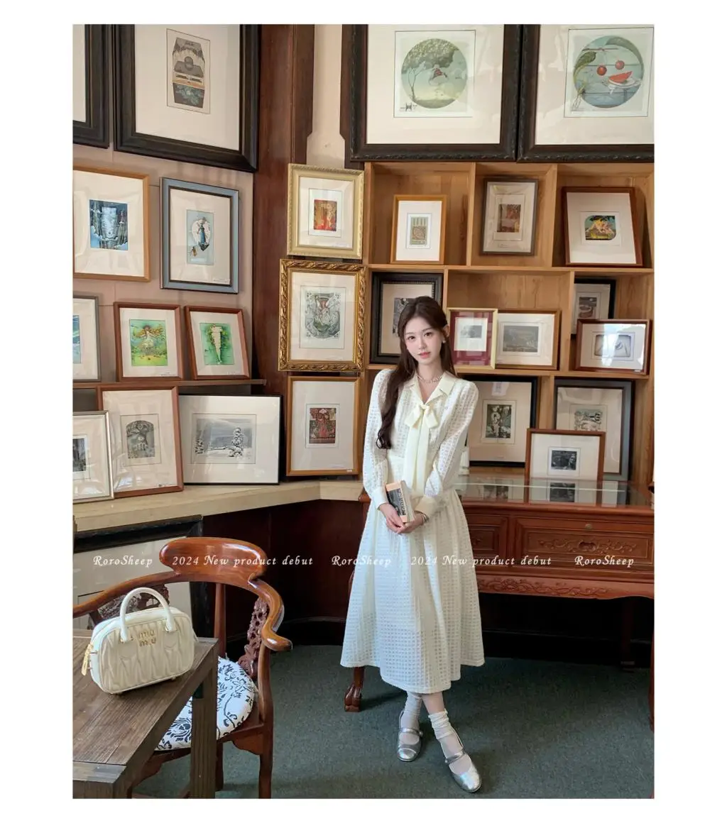 Elegant Vintage Lapel Midi Dresses for Women Bow Long Sleeve Birthday Party Dress A-line Autumn New Korean Fashion Vestido Mujer