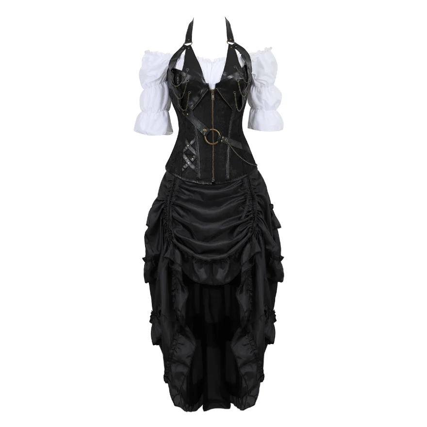 Women Steampunk Corset Dress Gothic Leather Corset Top Renaissance Blouse With Burlesque Skirt Three-Pieces Set Pirate Costume
