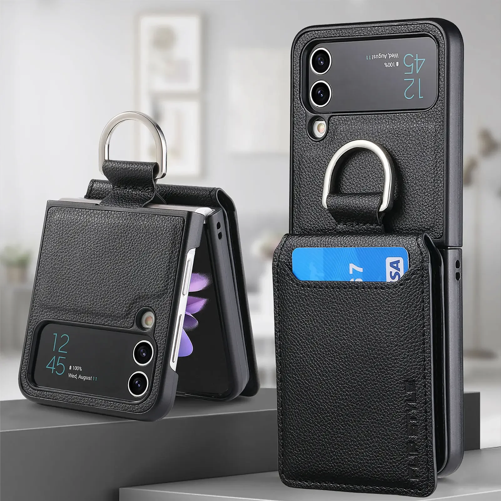 Vertical Magnetic Wallet Ring Holder Leather Case with Stand Feature